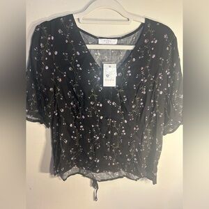 Elodie Black Top with Purple Floral Design NWT